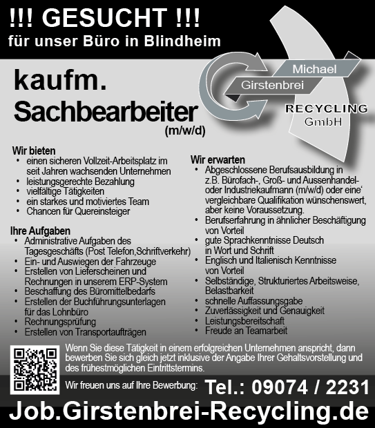 Girstenbrei-kaufmaennnischerAngestellter-mwd-Anz-2sp_0222_2gr Stellenanzeige kaufmaennischer Angestellter m/w/d